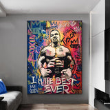 Tableau Mike Tyson sur mur de graffitis avec couronnes et phrase blanche, affiche dans un salon