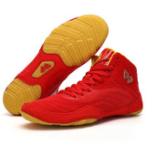 Chaussures de boxe rouge et or, semelle gomme caramel