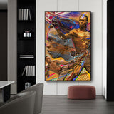 Tableau Israel Adesanya brandissant sa ceinture UFC, peinture doree et violette, affiche dans un salon