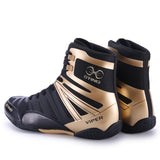 Chaussures de boxe Sting Viper noir et or, vue avant et arrière