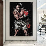 Tableau Cassius Clay en garde sur fond noir, gants rouges
