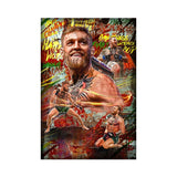Tableau Conor McGregor, portrait et trois scenes de combat en collage, affiche dans un salon