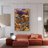 Tableau Israel Adesanya brandissant sa ceinture UFC, peinture doree et violette, vue rapprochee de la toile