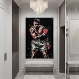 Tableau Cassius Clay en garde sur fond noir, gants rouges, affiche dans un salon