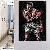 Tableau Cassius Clay en garde sur fond noir, gants rouges, vue rapprochee de la toile