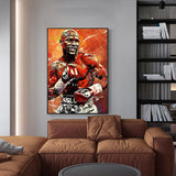 Tableau Floyd Mayweather en garde, fond peint orange et rouge, vue rapprochee de la toile