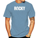 T-shirt Rocky lettrage bleu ciel, marquage une seule encre