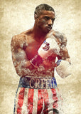 Tableau Adonis Creed en garde, gants blancs et short americain marque CREED, effet vintage, affiche dans un salon