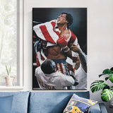 Tableau Rocky Balboa drape dans la banniere etoilee apres le combat de Moscou