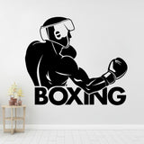 Sticker boxeur casque et lettrage Boxing vu de face sur mur blanc