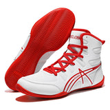 Chaussures de boxe anglaise blanches et rouges, semelle rouge nervurée