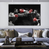 Tableau Tyson vs Ali, deux boxeurs face a face en noir et blanc a gants rouges