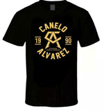 T-shirt Canelo Alvarez noir à emblème doré : monogramme CA, 1990 et 4-division world champion