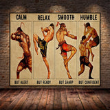Tableau muay-thai, planche de quatre postures sur papier ancien, affiche dans un salon