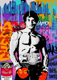 Tableau Rocky Balboa a la ceinture de champion sur mur de graffitis, vue rapprochee de la toile