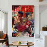 Tableau Mohamed Ali sur fond de slogans peints, gants rouges leves