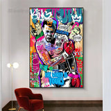 Tableau Mohamed Ali street art, boxeur couronne sur mur de graffitis