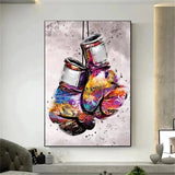 Tableau gants de boxe suspendus peints a l'aquarelle multicolore, accroche dans une entree