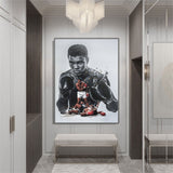 Tableau Mohamed Ali noir et blanc, portrait, gants et scene Ali vs Liston, affiche dans un salon
