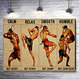 Tableau muay-thai, planche de quatre postures sur papier ancien