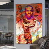 Tableau Mike Tyson, quatre portraits et citation manuscrite, tons orange, affiche dans un salon