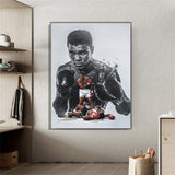 Tableau Mohamed Ali noir et blanc, portrait, gants et scene Ali vs Liston, vue rapprochee de la toile