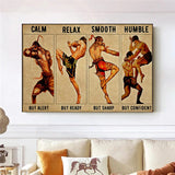 Tableau muay-thai, planche de quatre postures sur papier ancien, accroche dans une entree