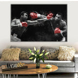 Tableau Tyson vs Ali, deux boxeurs face a face en noir et blanc a gants rouges, accroche dans une entree