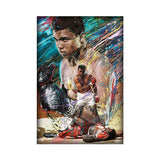 Tableau Ali vs Sonny Liston, peinture couleur bleu et orange, vue rapprochee de la toile