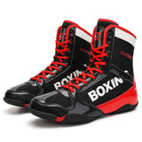 Chaussures de boxe vernies noir et rouge, lettrage BOXING blanc
