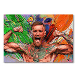 Tableau Conor McGregor bras ecartes, peinture au couteau tres coloree, toile seule, sans cadre