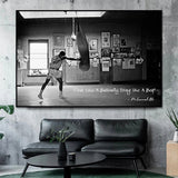 Tableau Mohamed Ali au sac de frappe avec citation manuscrite, format paysage