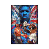 Tableau Anthony Joshua en gros plan et scene du combat de Wembley, affiche dans un salon