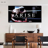 Tableau panoramique, boxeur assis dans son coin de ring, accroche dans une entree
