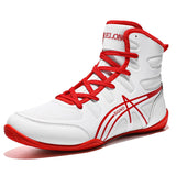Chaussures de boxe anglaise blanches et rouges vues de trois quarts
