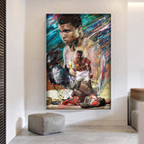 Tableau Ali vs Sonny Liston, peinture couleur bleu et orange, affiche dans un salon