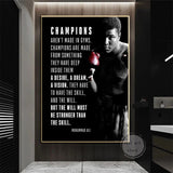 Tableau citation boxe, treize lignes en capitales blanches et Muhammad Ali au gant rouge