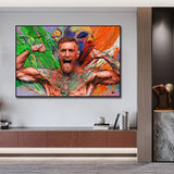 Tableau Conor McGregor bras ecartes, peinture au couteau tres coloree, affiche dans un salon