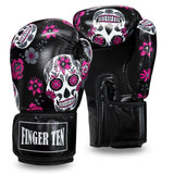 Gants de boxe Crâne Fleur, sugar skull rose et blanc et fleurs sur fond noir