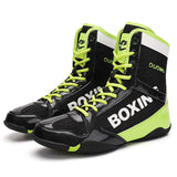 Chaussures de boxe vernies noir et vert fluo, lacets fluo