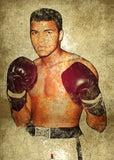 Tableau Mohamed Ali vintage, portrait sepia sur fond de papier vieilli, affiche dans un salon