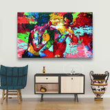 Tableau Rocky Balboa face a Apollo Creed, peinture en couleurs saturees, accroche dans une entree