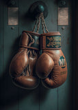 Tableau gants de boxe anciens en cuir marron sur porte en bois vert, affiche dans un salon