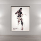 Tableau Mohamed Ali aquarelle, silhouette en mouvement sur fond blanc, accroche dans une entree