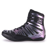 Chaussure de boxe Sting Viper noir et violet irisé, vue de profil