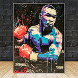 Tableau Mike Tyson pop art en aplats cyan et violet, gants rouges, affiche dans un salon