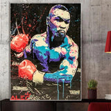 Tableau Mike Tyson pop art en aplats cyan et violet, gants rouges