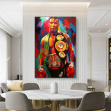 Tableau Mike Tyson en pied avec trois ceintures de championnat, vue rapprochee de la toile