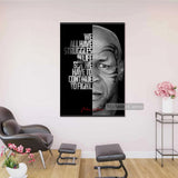 Tableau Mike Tyson, citation a gauche et visage tatoue en gros plan, mise en situation murale