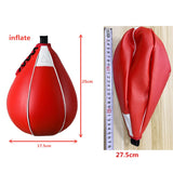 Dimensions de la poire de vitesse boxe : 25 cm de haut et 17,5 cm de large gonflée, 27,5 cm à plat